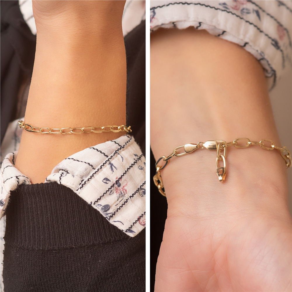 Goldstore-14K Yellow Gold Large Open Link Chain Bracelet, Rectangle Link Anchor Chain Gold Bracelet, Yellow Gold Paper Clip Chain Bracelet Gift Her