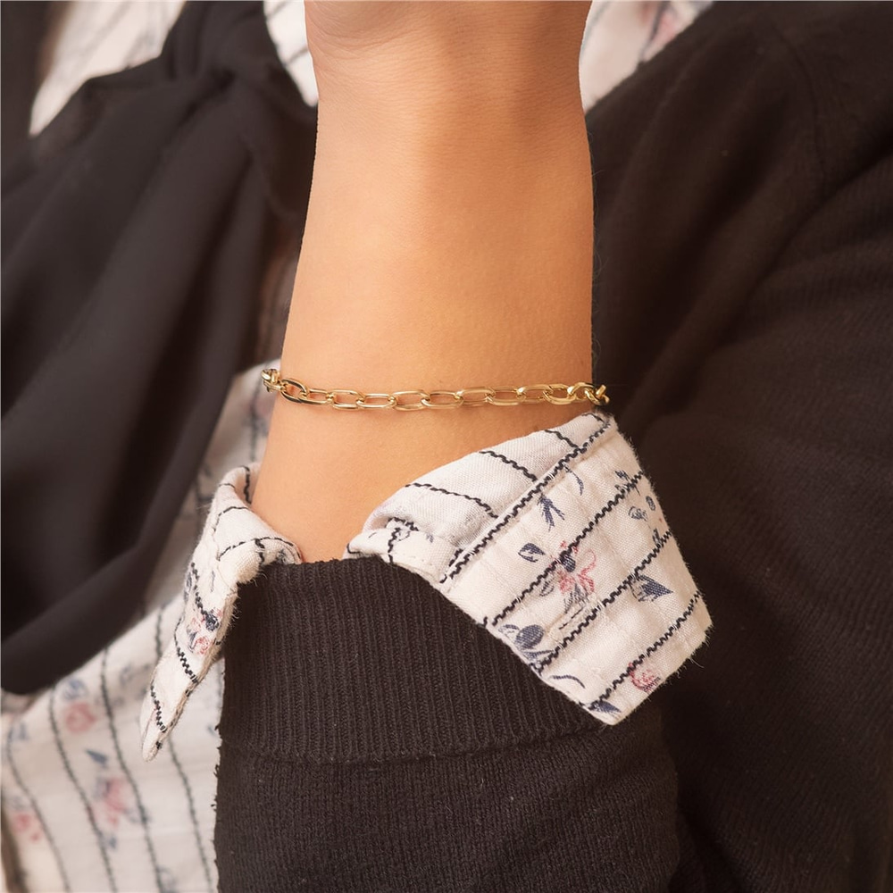 Goldstore-14K Yellow Gold Large Open Link Chain Bracelet, Rectangle Link Anchor Chain Gold Bracelet, Yellow Gold Paper Clip Chain Bracelet Gift Her