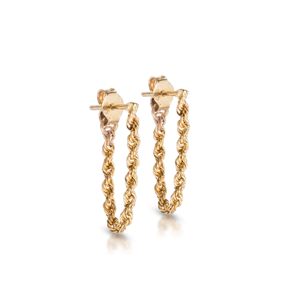 Goldstore-14k Yellow Gold Rope Chain Earrings, Solid Gold Dangle Rope Chain Earrings, Modern Rope Chain Hoop Drop Women Earrings Mothers Gift For Her