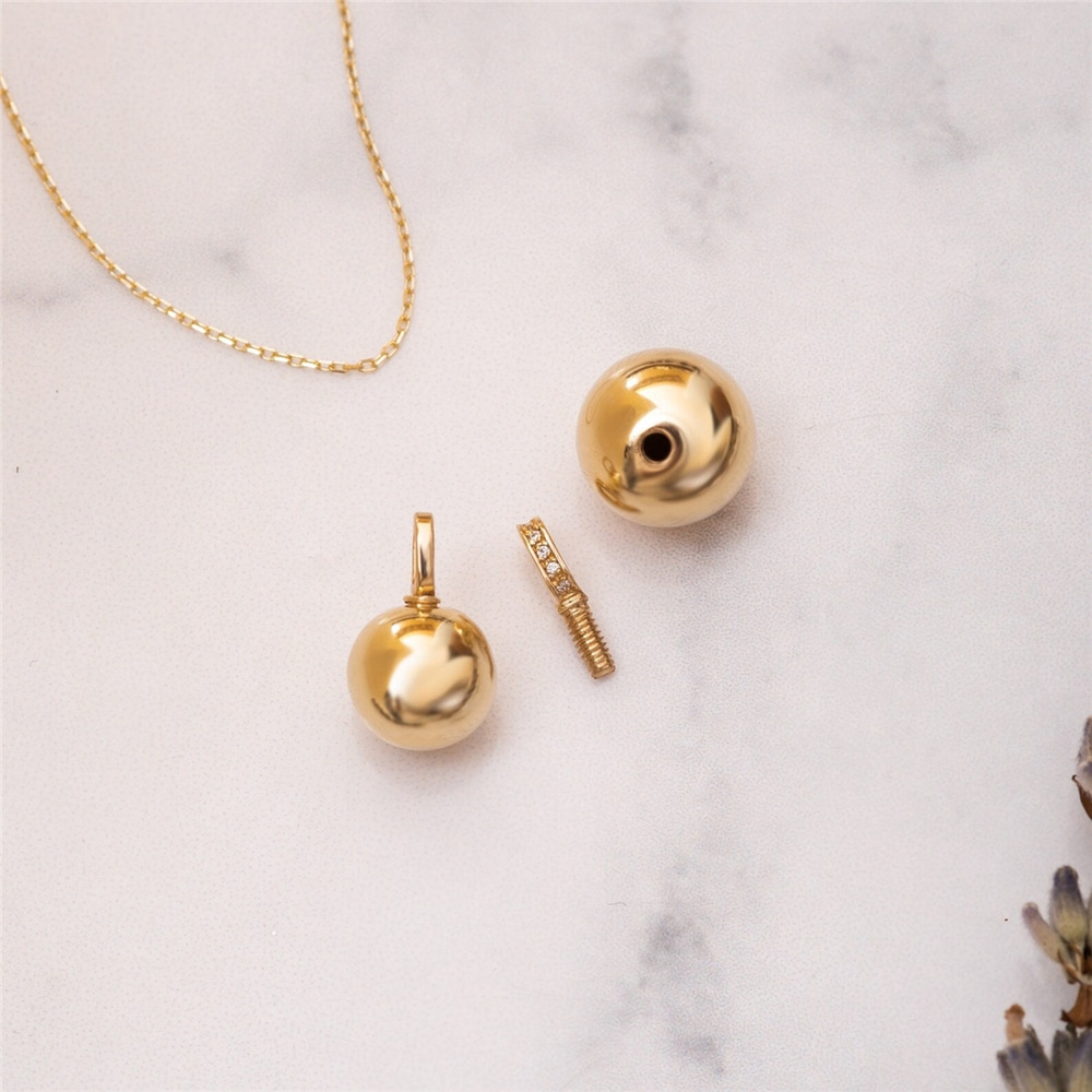 Goldstore-14K Yellow Rose or White Gold Ball Cremation Urn Pendant, Custom Engrave 10 mm Ball Urn Charm, Diamond or Cz Bail Memorial Pendant For Ashes