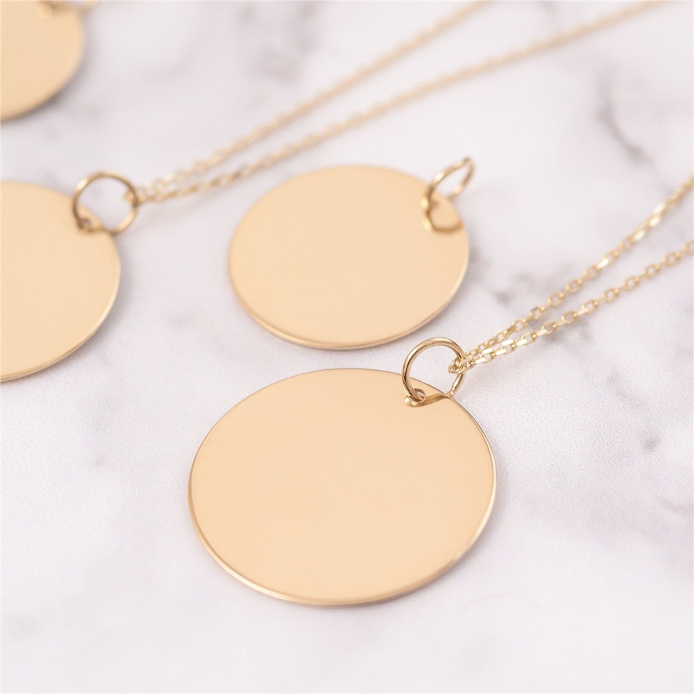 Goldstore-18K Solid Custom Name Date Initial Coordinate Engraved Disc Pendant Necklace, Personalized Dainty Solid Gold Circle Coin Disk Pendant Gift