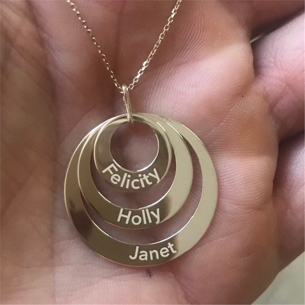 Goldstore-2 3 4 Rings Engraved Name Solid Gold Necklace,  Personalized Kids Name Circle Gold Necklace, Custom Circle Family Necklace Great Gift Mom.