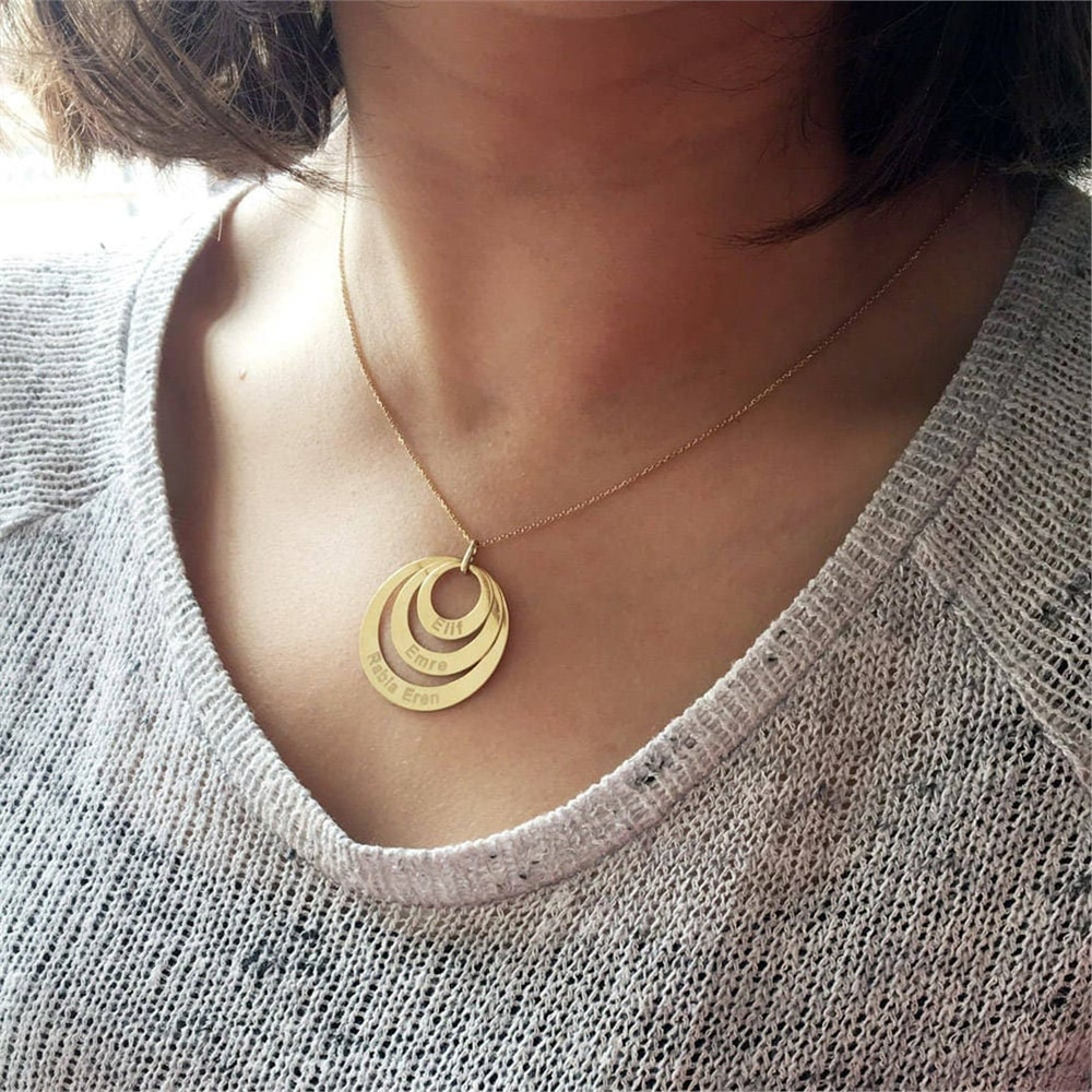 Goldstore-2 3 4 Rings Engraved Name Solid Gold Necklace,  Personalized Kids Name Circle Gold Necklace, Custom Circle Family Necklace Great Gift Mom.