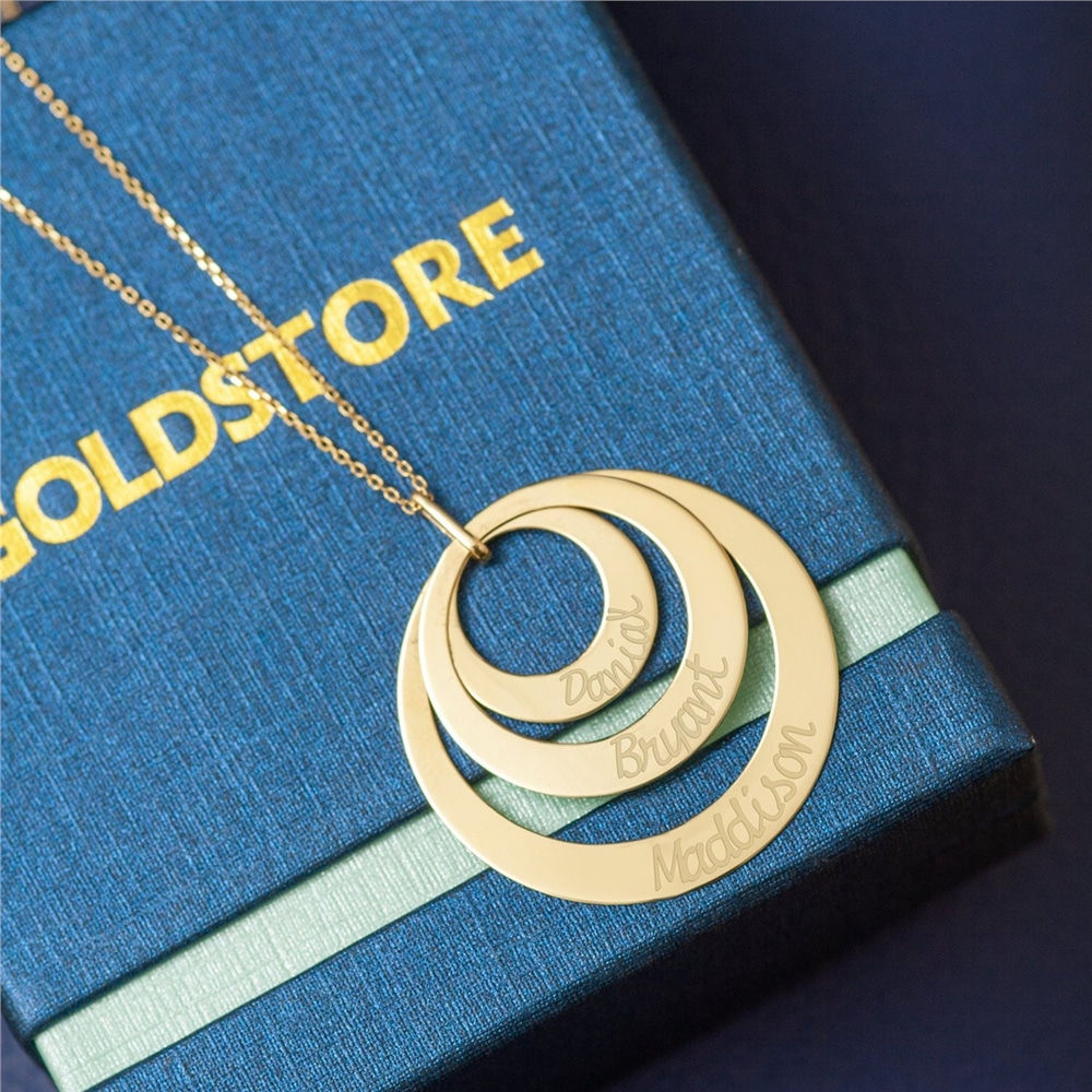 Goldstore-2 3 4 Rings Engraved Name Solid Gold Necklace,  Personalized Kids Name Circle Gold Necklace, Custom Circle Family Necklace Great Gift Mom.