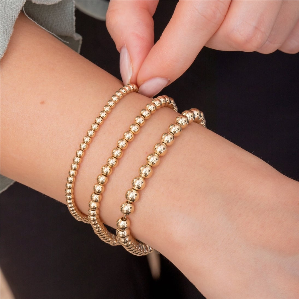 Goldstore-3mm 4mm 5mm Gold Ball Bead Bracelet, Stacking Beaded Ball Bracelet in 14k real Gold, Simple Plain Shiny Yellow Gold Ball Bracelet For Her