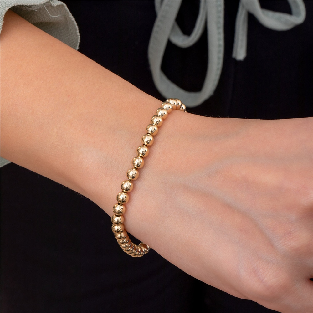 Goldstore-3mm 4mm 5mm Gold Ball Bead Bracelet, Stacking Beaded Ball Bracelet in 14k real Gold, Simple Plain Shiny Yellow Gold Ball Bracelet For Her