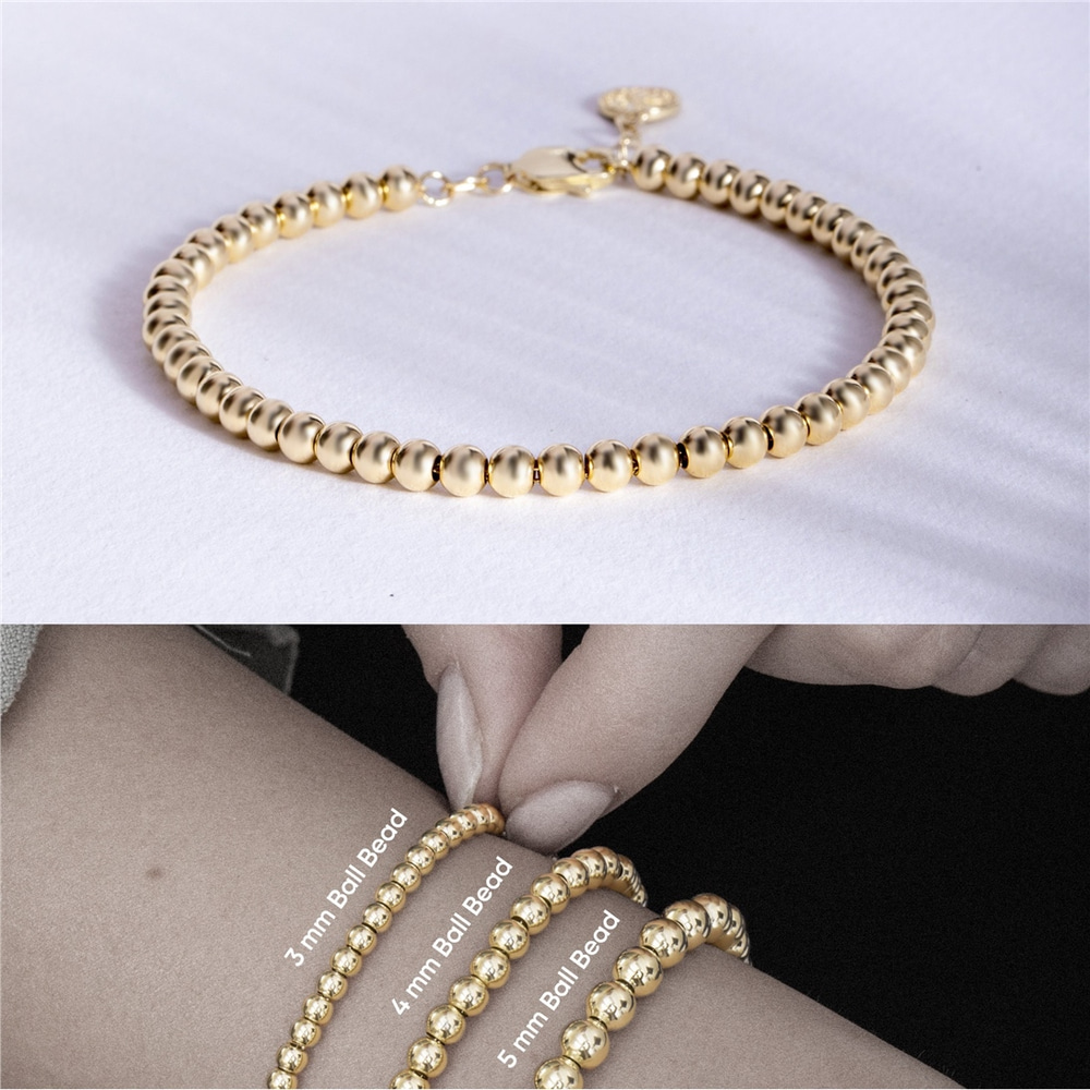 Goldstore-3mm 4mm 5mm Gold Ball Bead Bracelet, Stacking Beaded Ball Bracelet in 14k real Gold, Simple Plain Shiny Yellow Gold Ball Bracelet For Her