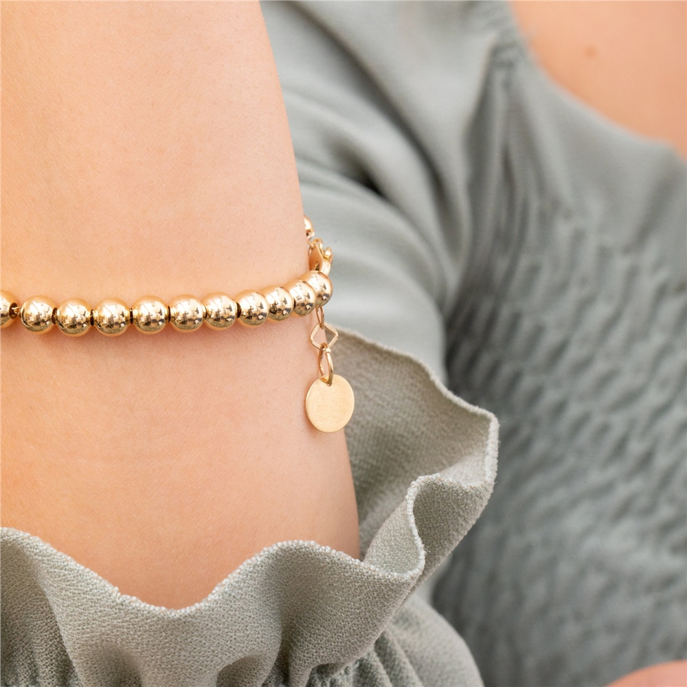 Goldstore-3mm 4mm 5mm Gold Ball Bead Bracelet, Stacking Beaded Ball Bracelet in 14k real Gold, Simple Plain Shiny Yellow Gold Ball Bracelet For Her