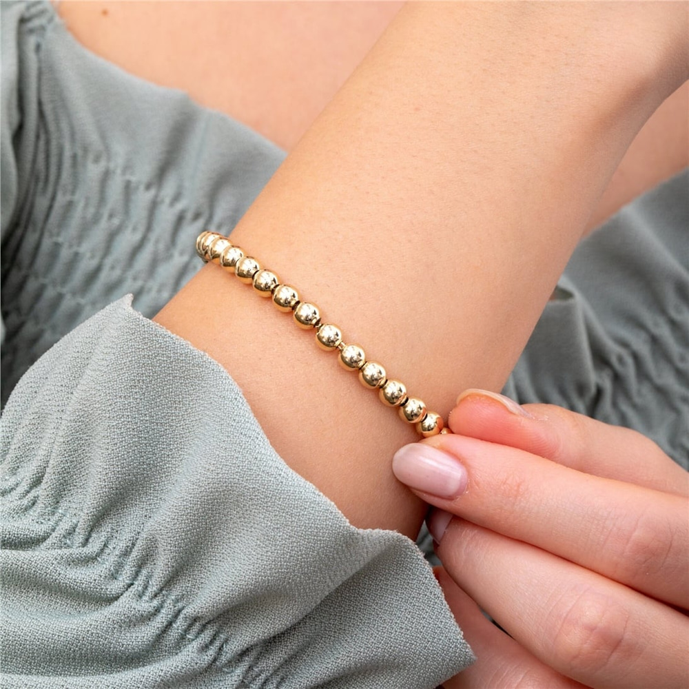 Goldstore-3mm 4mm 5mm Gold Ball Bead Bracelet, Stacking Beaded Ball Bracelet in 14k real Gold, Simple Plain Shiny Yellow Gold Ball Bracelet For Her
