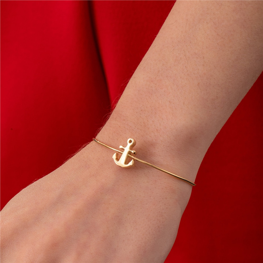 Goldstore-Anchor Cremation Bangle 14K 18K Solid Gold, Dainty Custom Engrave Sailor Bracelet, Personalized Letter Initial Nautical Bangle For Ashes