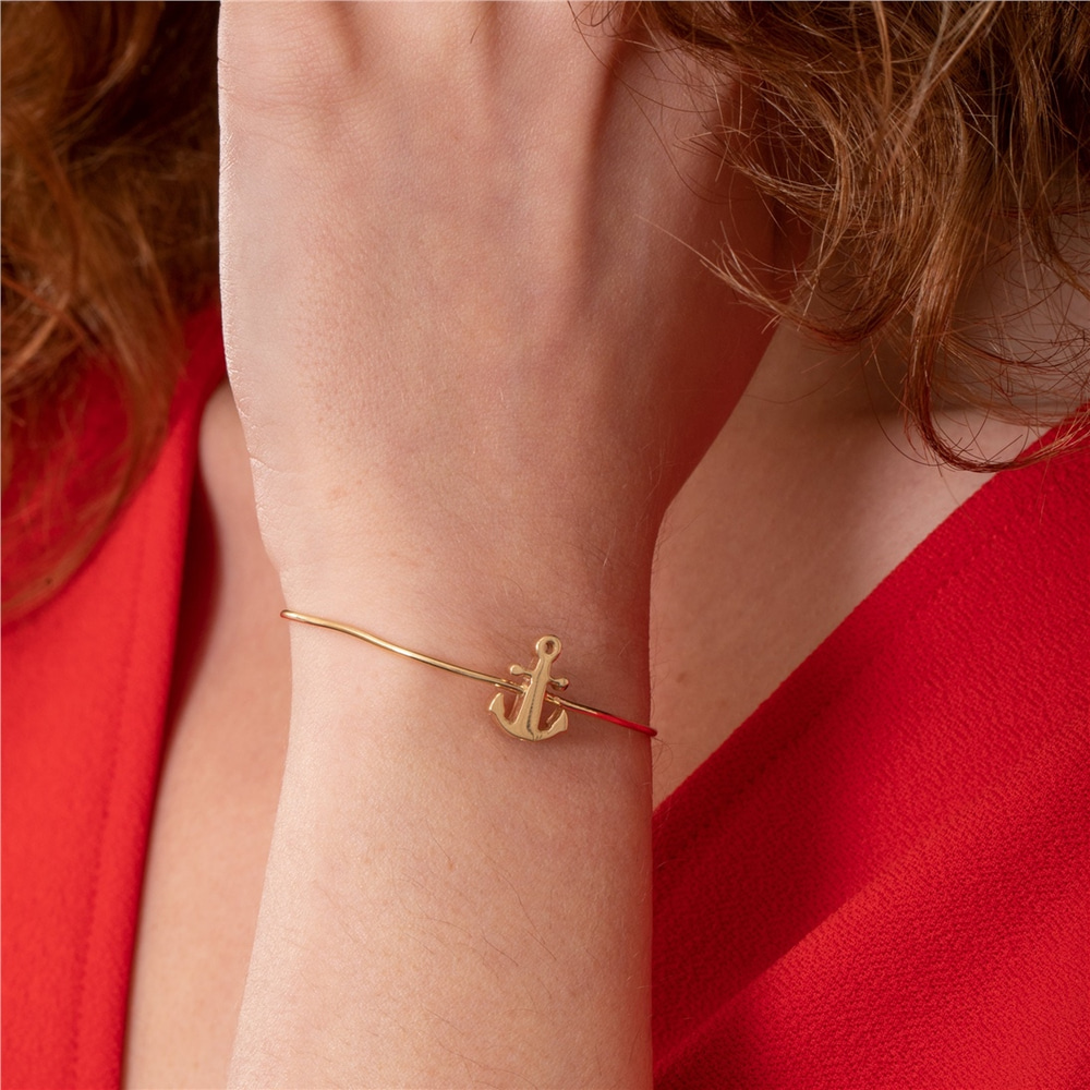 Goldstore-Anchor Cremation Bangle 14K 18K Solid Gold, Dainty Custom Engrave Sailor Bracelet, Personalized Letter Initial Nautical Bangle For Ashes