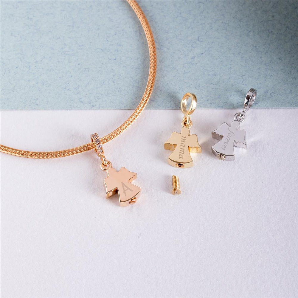 Goldstore-Angel Urn 14k 18k Solid Gold Pendant For Necklace or Bracelet, Custom Engrave Cremation Angel Ash Charm Compatible European Bracelet Gift