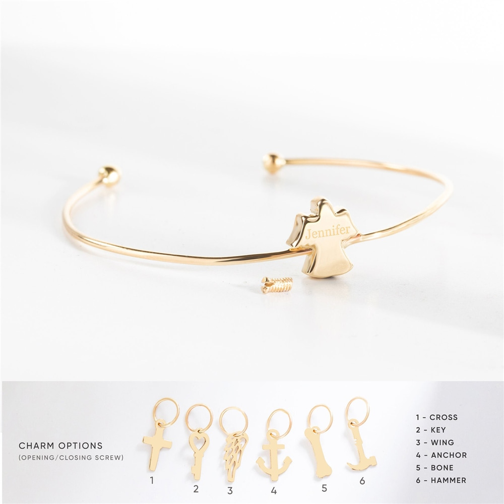Goldstore-Angel Urn Bangle 14K 18K Real Gold, Dainty Personalized Initial Angel Figure Urn Bangle, Custom Letter Engrave Bangle Bracelet, Keepsake Urn