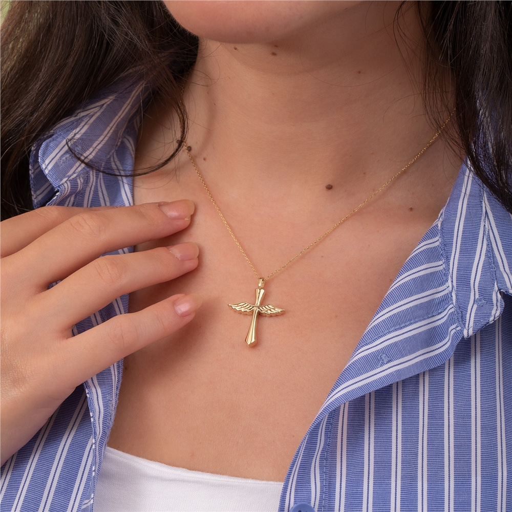 Goldstore-Angel Wing Cross Urn Pendant 14K 18K Solid Gold, Custom Engrave Memorial Angel Sword Necklace, Personalize Keepsake Winged Cross Urn Pendant