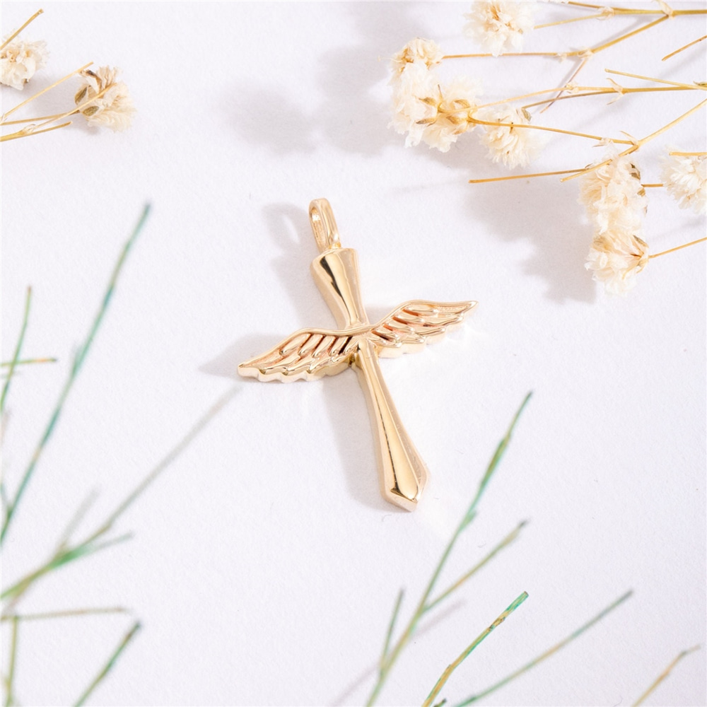 Goldstore-Angel Wing Cross Urn Pendant 14K 18K Solid Gold, Custom Engrave Memorial Angel Sword Necklace, Personalize Keepsake Winged Cross Urn Pendant