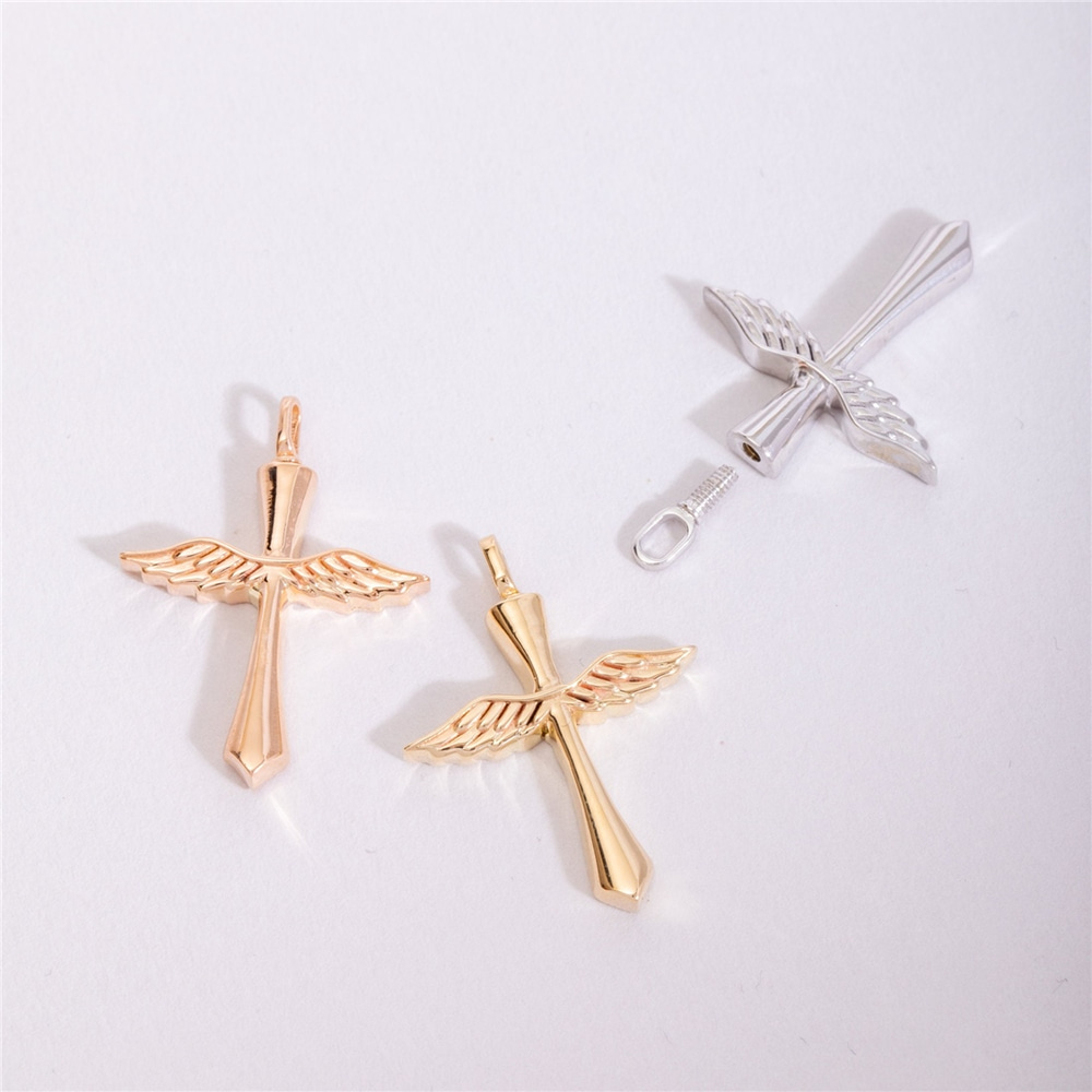 Goldstore-Angel Wing Cross Urn Pendant 14K 18K Solid Gold, Custom Engrave Memorial Angel Sword Necklace, Personalize Keepsake Winged Cross Urn Pendant
