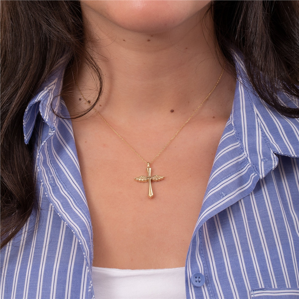 Goldstore-Angel Wing Cross Urn Pendant 14K 18K Solid Gold, Custom Engrave Memorial Angel Sword Necklace, Personalize Keepsake Winged Cross Urn Pendant