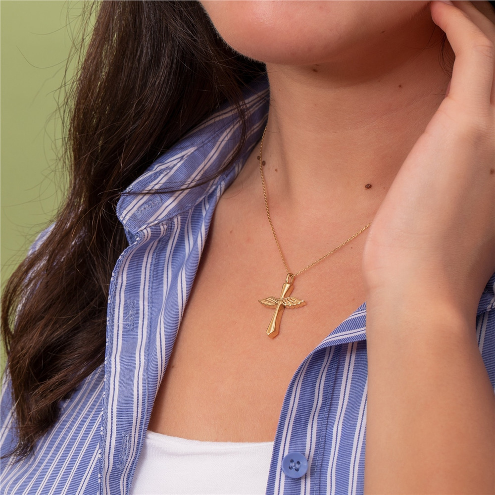 Goldstore-Angel Wing Cross Urn Pendant 14K 18K Solid Gold, Custom Engrave Memorial Angel Sword Necklace, Personalize Keepsake Winged Cross Urn Pendant