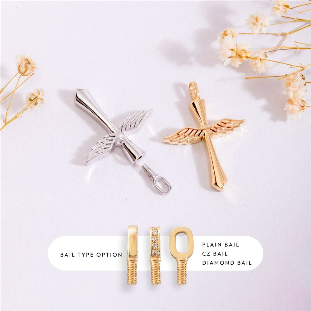 Goldstore-Angel Wing Cross Urn Pendant 14K 18K Solid Gold, Custom Engrave Memorial Angel Sword Necklace, Personalize Keepsake Winged Cross Urn Pendant