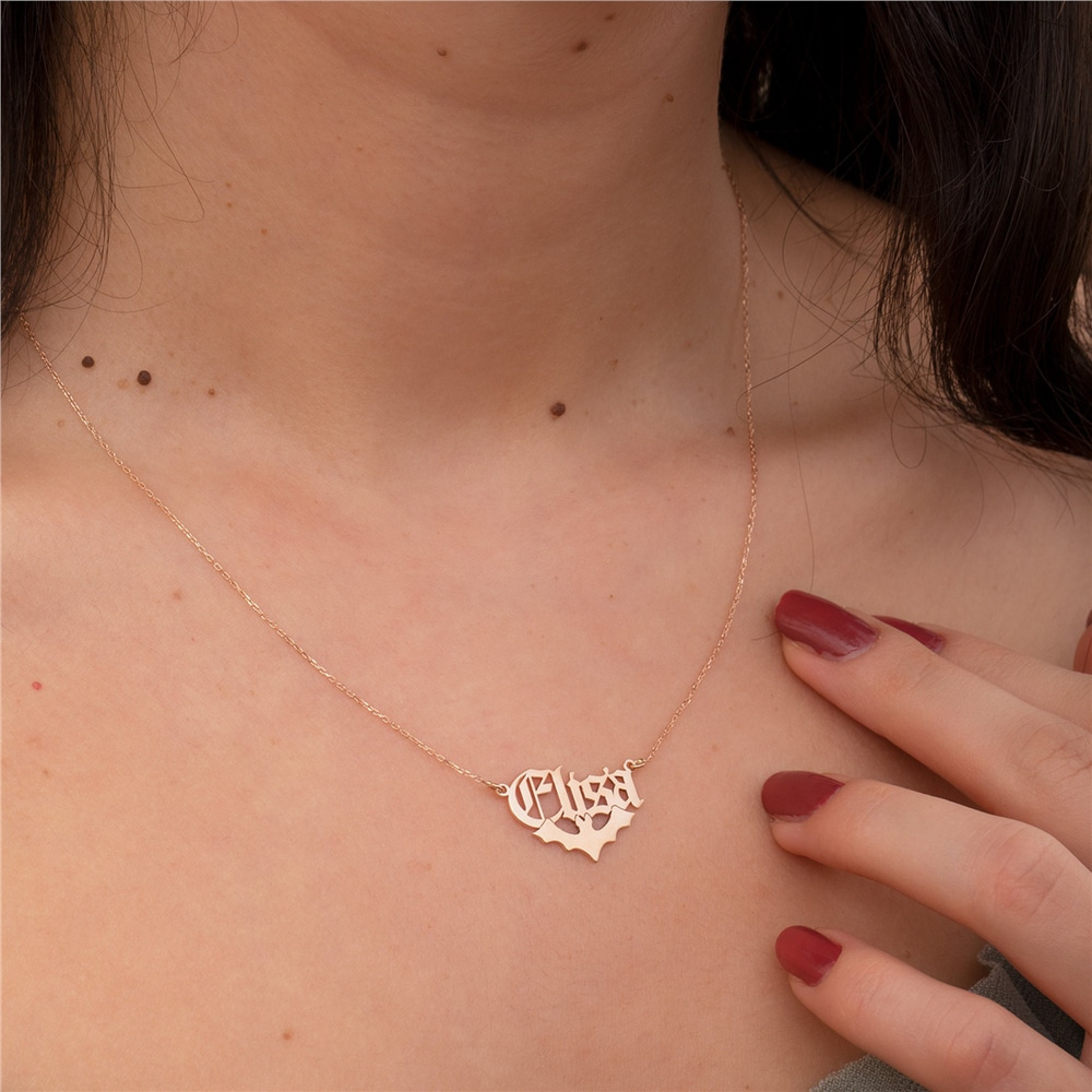 Goldstore-Bat Name Necklace 14K 18K Solid Gold, Custom Name Necklace For Halloween, Personalized Name Necklace With Bat, Gothic Style Name Necklace