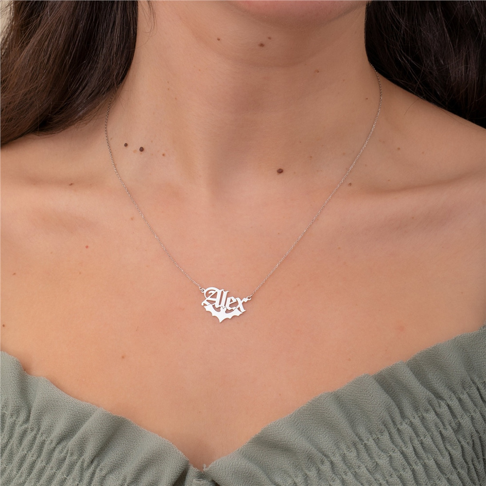 Goldstore-Bat Name Necklace 14K 18K Solid Gold, Custom Name Necklace For Halloween, Personalized Name Necklace With Bat, Gothic Style Name Necklace