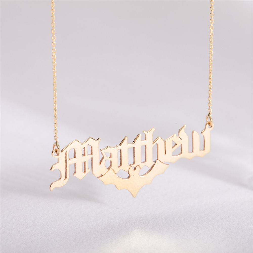 Goldstore-Bat Name Necklace 14K 18K Solid Gold, Custom Name Necklace For Halloween, Personalized Name Necklace With Bat, Gothic Style Name Necklace