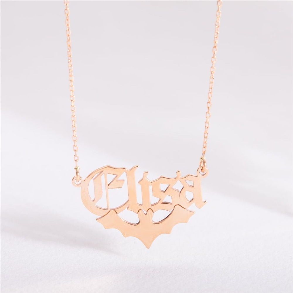 Goldstore-Bat Name Necklace 14K 18K Solid Gold, Custom Name Necklace For Halloween, Personalized Name Necklace With Bat, Gothic Style Name Necklace