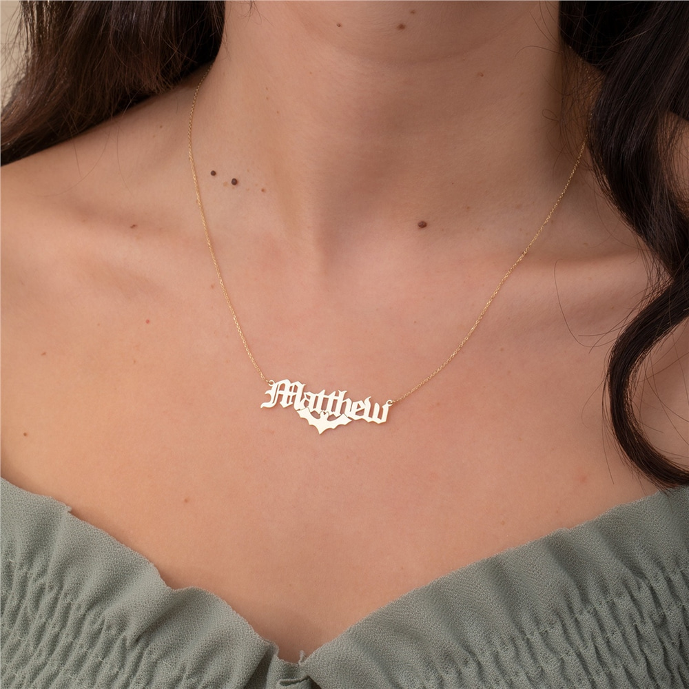 Goldstore-Bat Name Necklace 14K 18K Solid Gold, Custom Name Necklace For Halloween, Personalized Name Necklace With Bat, Gothic Style Name Necklace