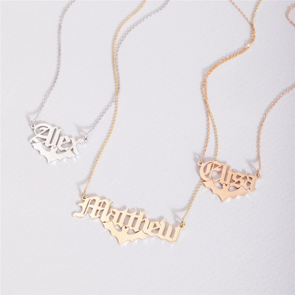 Goldstore-Bat Name Necklace 14K 18K Solid Gold, Custom Name Necklace For Halloween, Personalized Name Necklace With Bat, Gothic Style Name Necklace