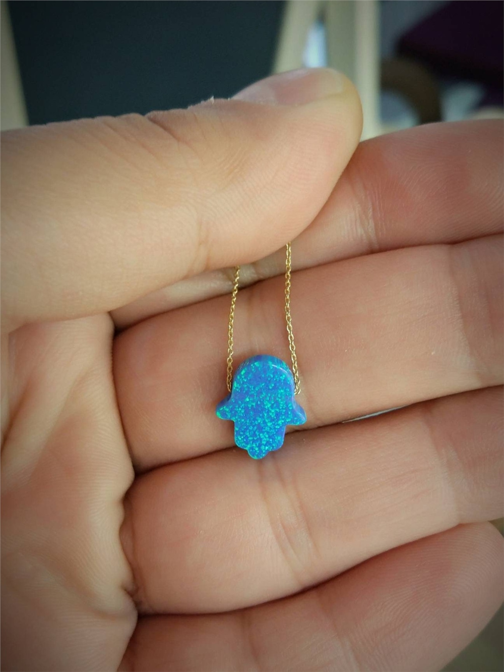 Goldstore-Blue Opal Hamsa Necklace with 14k Solid Gold Chain, Hamsa Blue Opal Dainty Real 14k Gold Necklace, Navy Blue Pink White Opal Fatima Hand