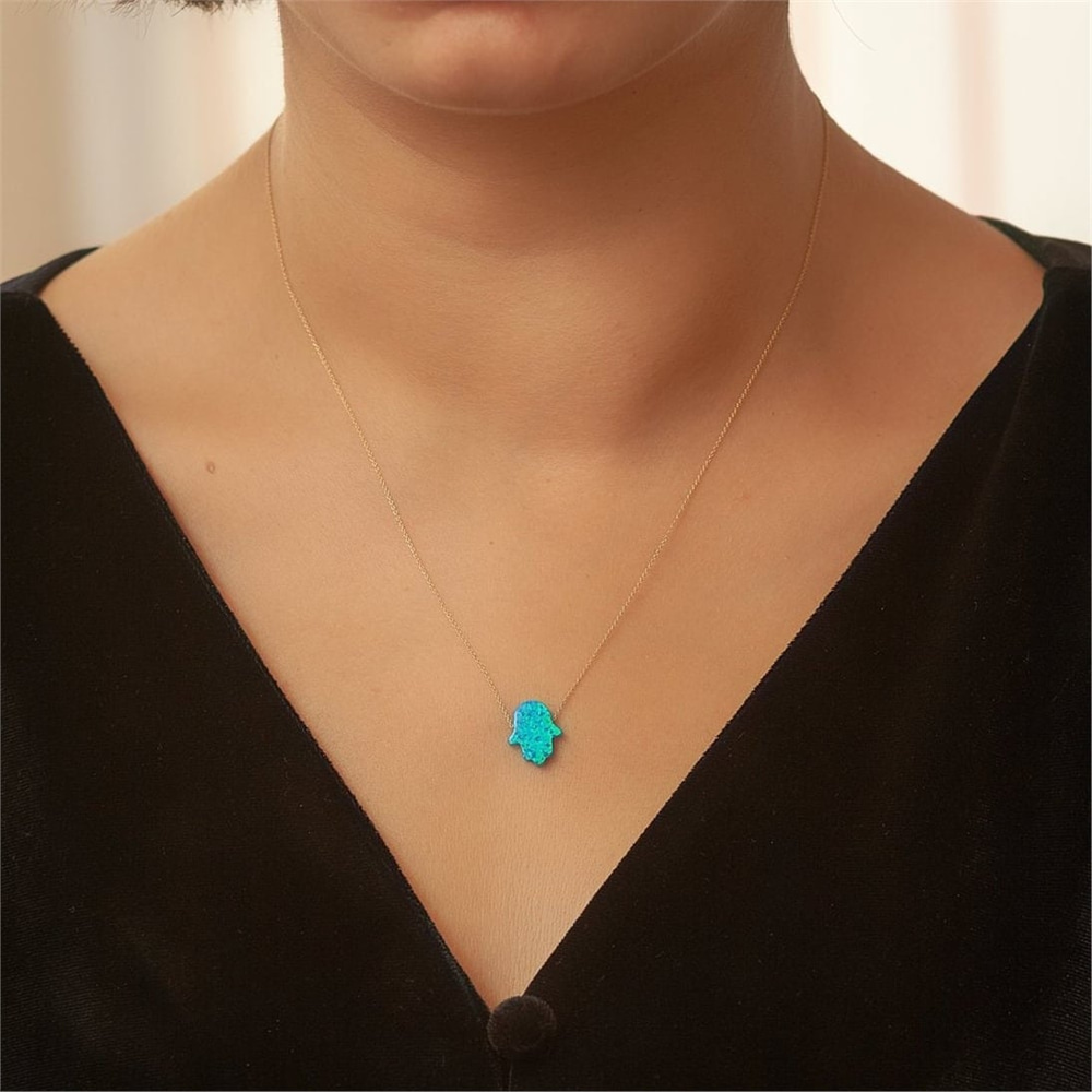 Goldstore-Blue Opal Hamsa Necklace with 14k Solid Gold Chain, Hamsa Blue Opal Dainty Real 14k Gold Necklace, Navy Blue Pink White Opal Fatima Hand