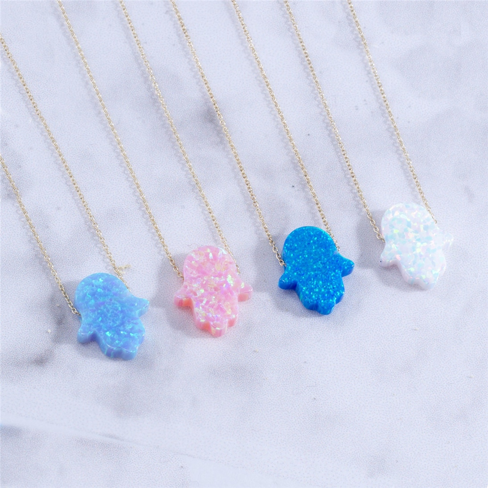 Goldstore-Blue Opal Hamsa Necklace with 14k Solid Gold Chain, Hamsa Blue Opal Dainty Real 14k Gold Necklace, Navy Blue Pink White Opal Fatima Hand