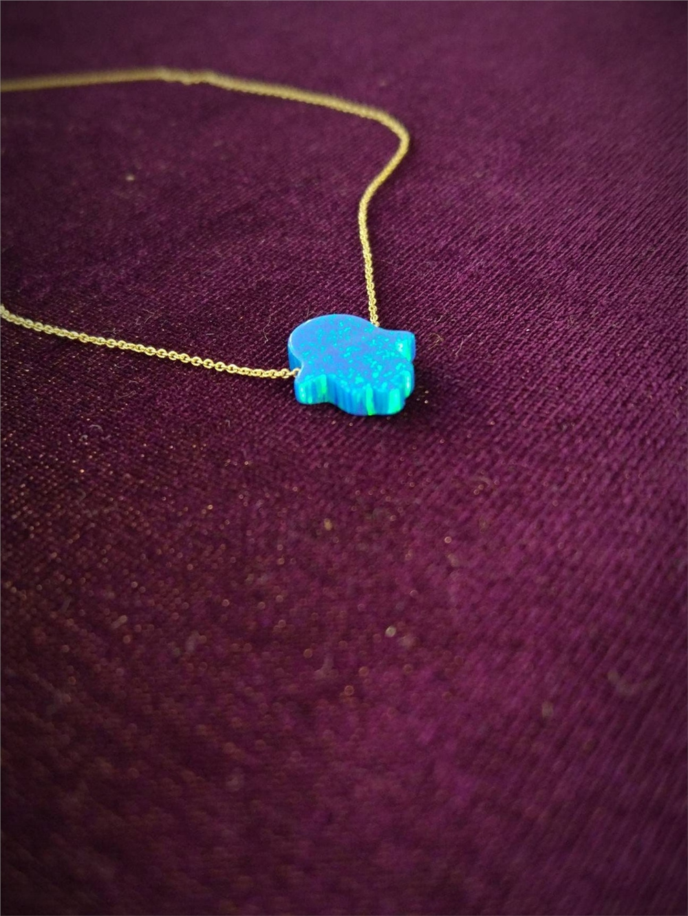 Goldstore-Blue Opal Hamsa Necklace with 14k Solid Gold Chain, Hamsa Blue Opal Dainty Real 14k Gold Necklace, Navy Blue Pink White Opal Fatima Hand