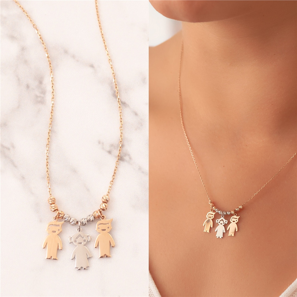 Goldstore-Boy Girl Gold Charm Necklace, 3 4 5 6 Kids 14k Solid Gold Charms, Mother’s Necklace Engraved Children Charms, Personalized Family Charms.