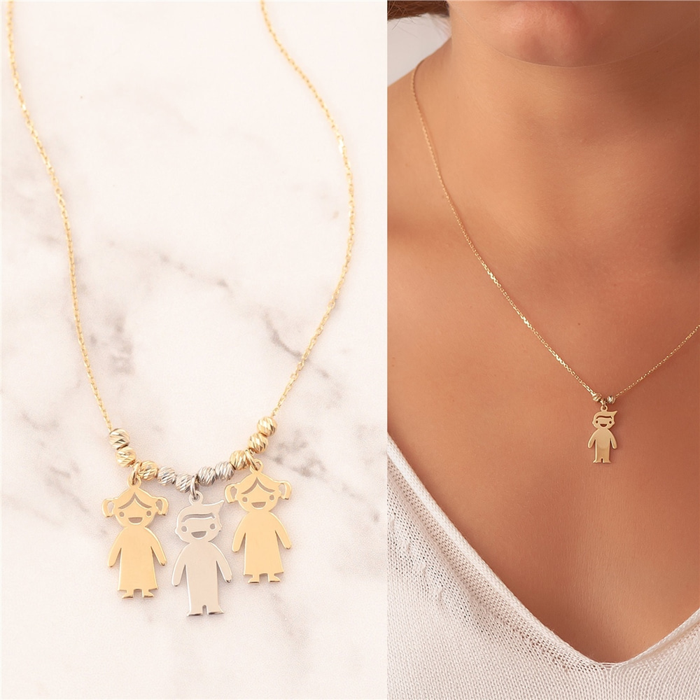 Goldstore-Boy Girl Gold Charm Necklace, 3 4 5 6 Kids 14k Solid Gold Charms, Mother’s Necklace Engraved Children Charms, Personalized Family Charms.