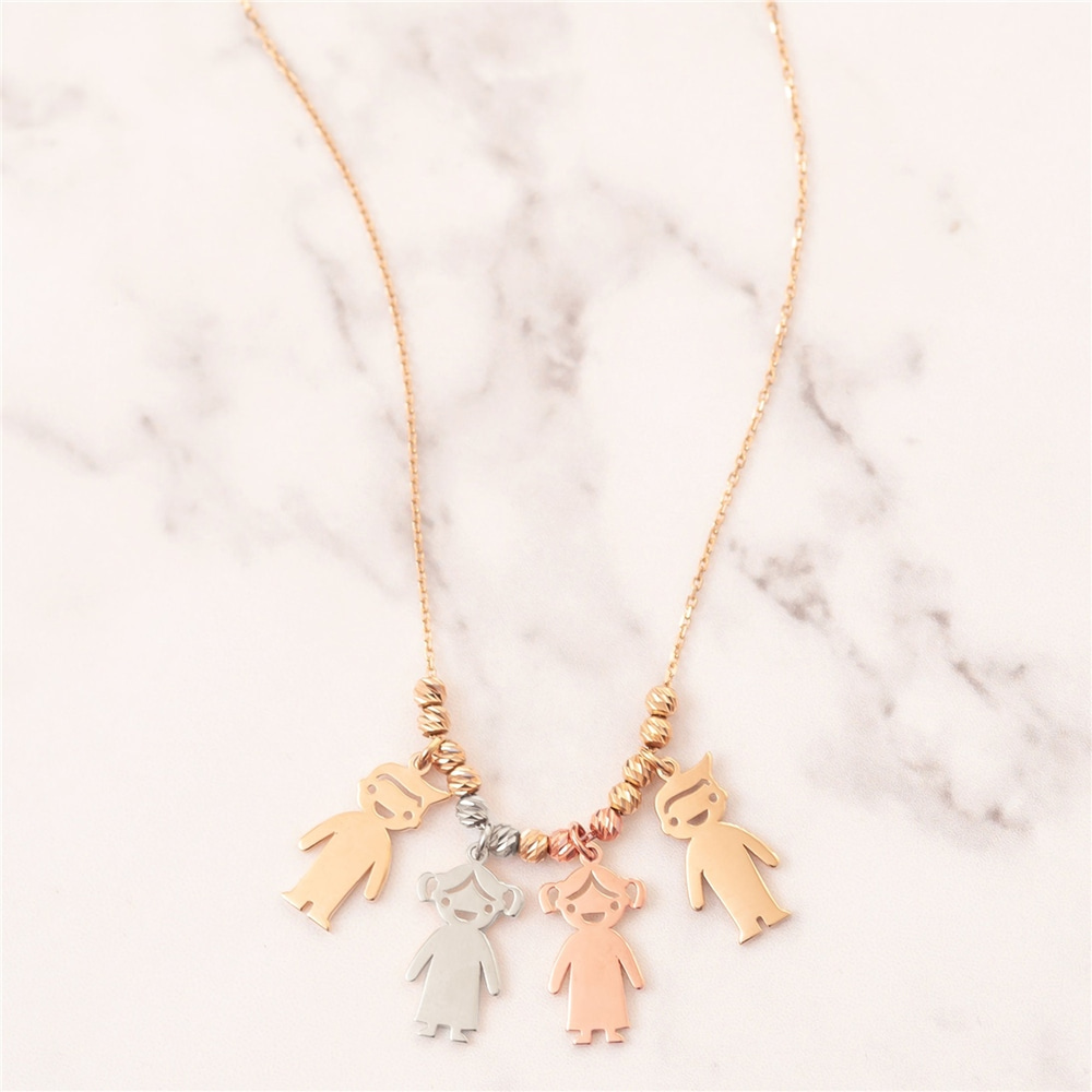 Goldstore-Boy Girl Gold Charm Necklace, 3 4 5 6 Kids 14k Solid Gold Charms, Mother’s Necklace Engraved Children Charms, Personalized Family Charms.