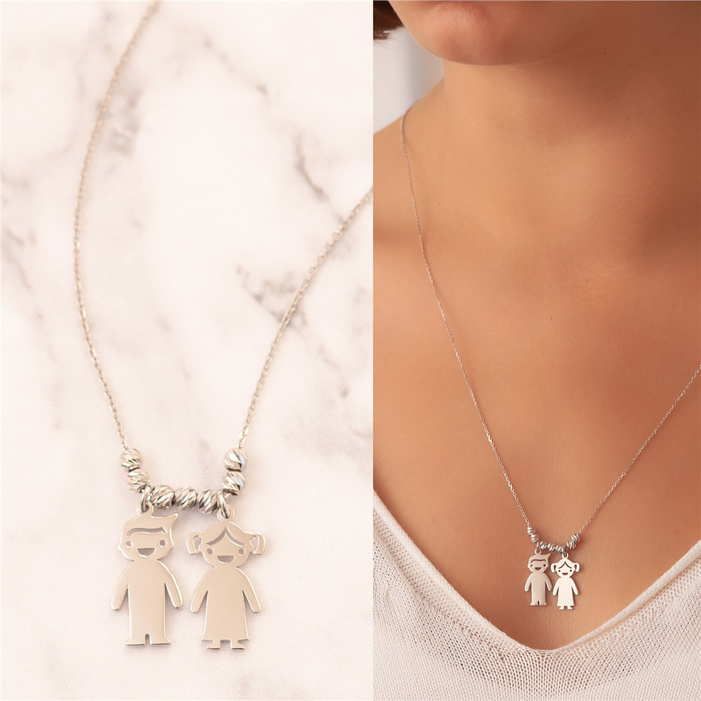 Goldstore-Boy Girl Gold Charm Necklace, 3 4 5 6 Kids 14k Solid Gold Charms, Mother’s Necklace Engraved Children Charms, Personalized Family Charms.