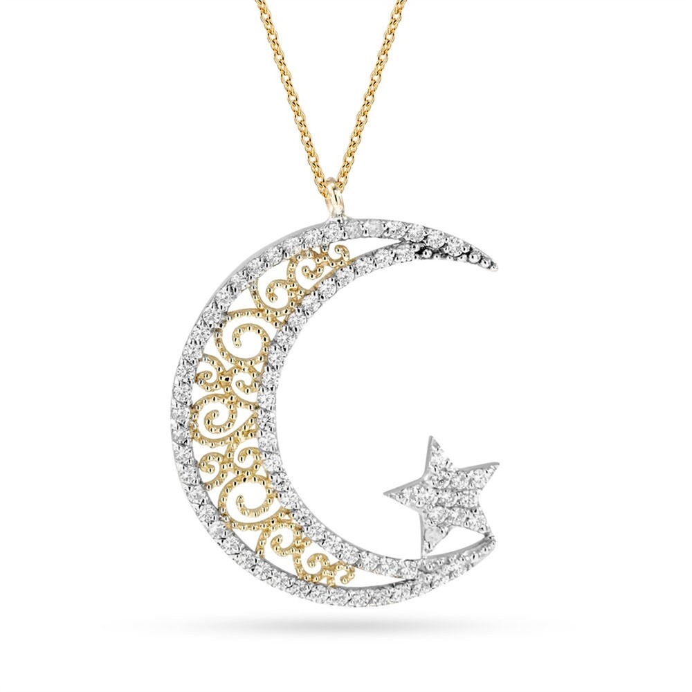 Goldstore-Crescent Moon and Star Necklace, Cz Stone 14k 18k Gold Moon & Star, Elegant Moon and Star Necklace is a Great Gift For Her. Christmas Gifts.