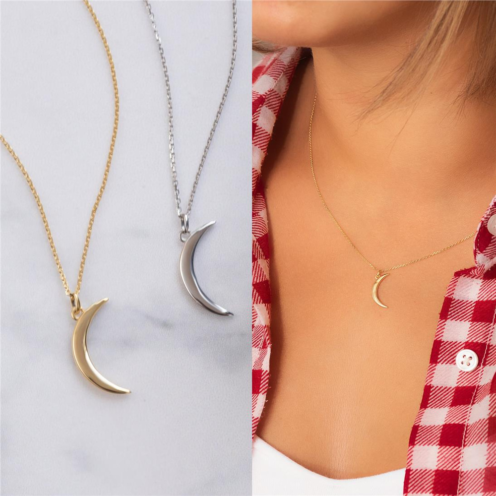 Goldstore-Crescent Moon Gold Necklace, 14K Solid Gold Dainty Moon Necklace, Tiny Two Side Crescent Moon Pendant 14k gold, Wedding Bridesmaid Gifts.