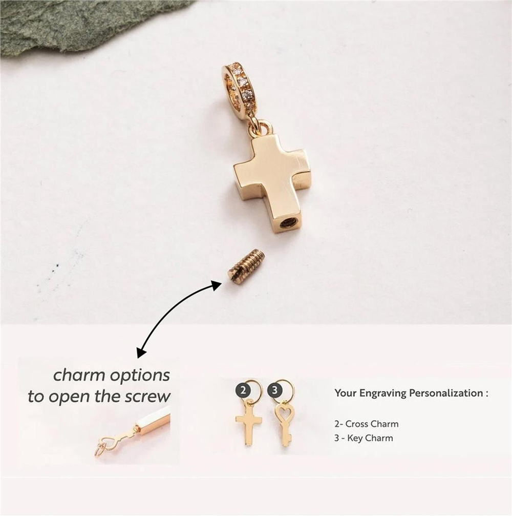 Goldstore-Cross Urn 14k 18k Solid Gold Pendant For Necklace or Bracelet, Custom Engrave Cremation Cross Ash Charm Compatible European Bracelet Gift
