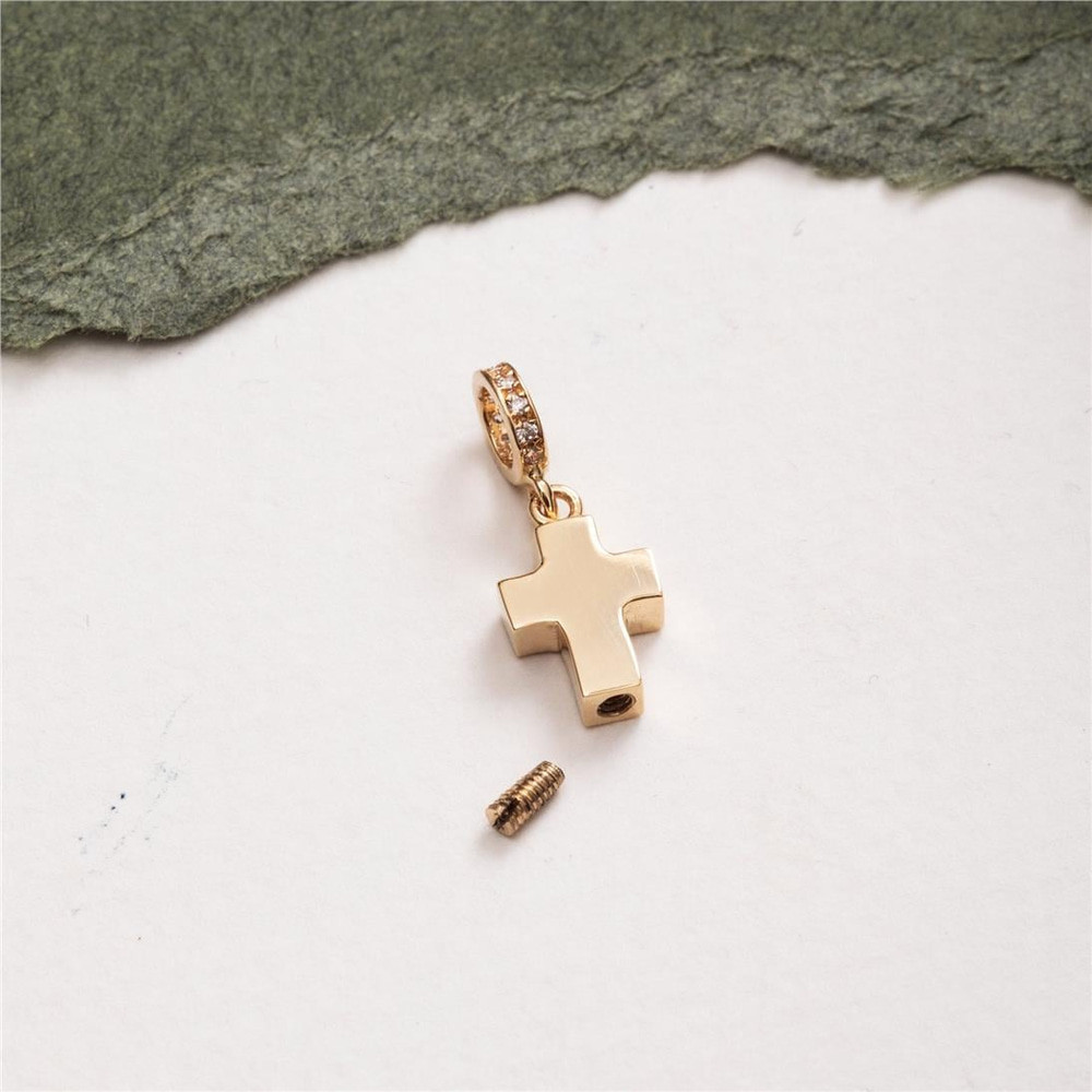Goldstore-Cross Urn 14k 18k Solid Gold Pendant For Necklace or Bracelet, Custom Engrave Cremation Cross Ash Charm Compatible European Bracelet Gift