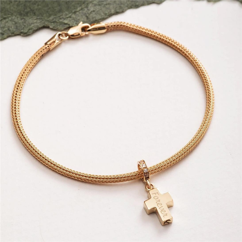 Goldstore-Cross Urn 14k 18k Solid Gold Pendant For Necklace or Bracelet, Custom Engrave Cremation Cross Ash Charm Compatible European Bracelet Gift