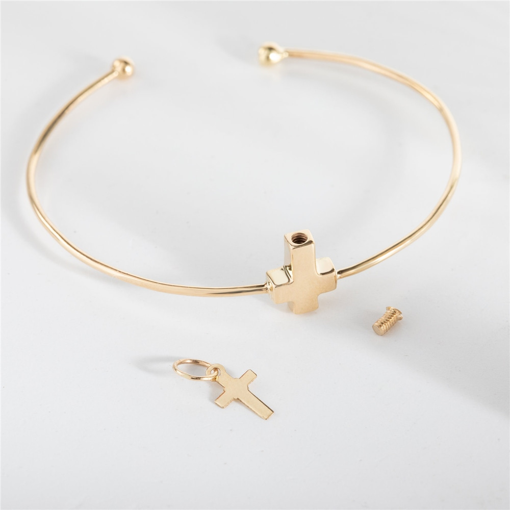 Goldstore-Cross Urn Bangle 14K 18K Real Gold, Elegant Customized Cross Urn Bracelet For Ashes, Personalize Memorial Engrave Bangle Urn, Sympathy Gift