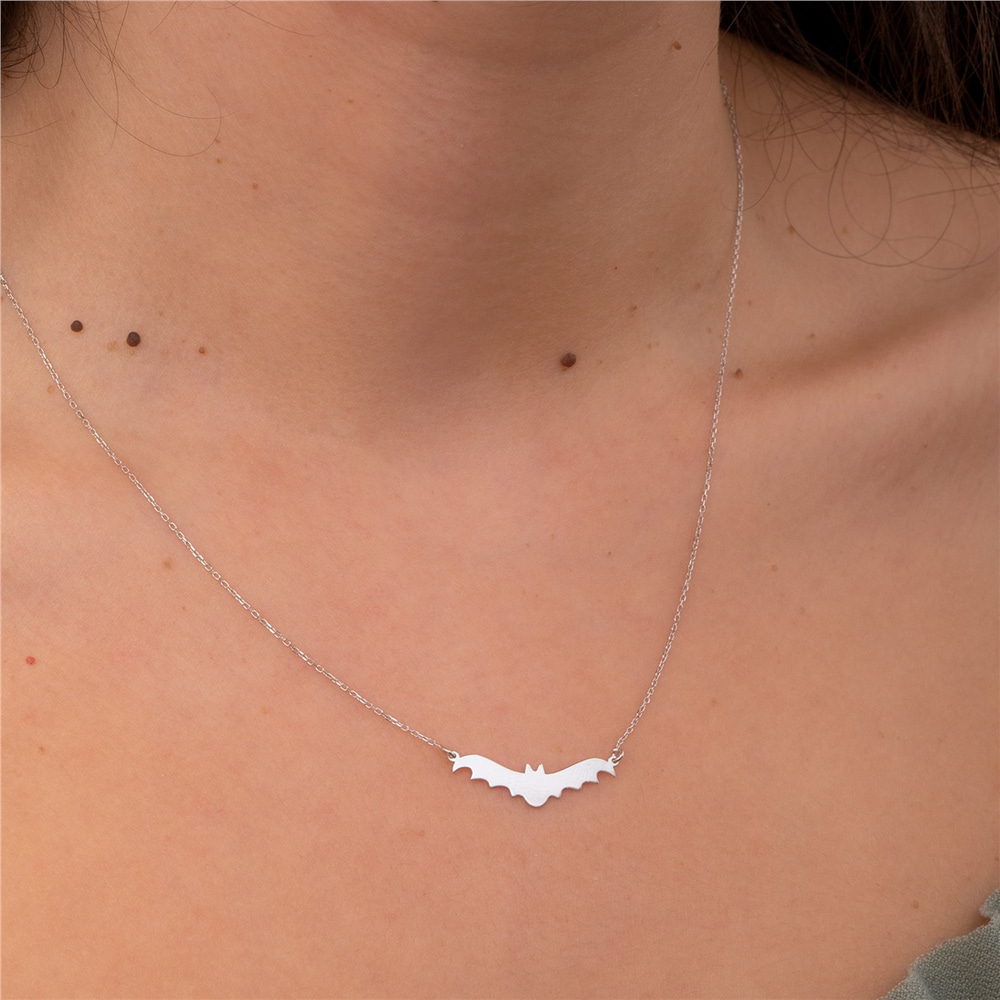 Goldstore-Custom Bat Necklace 14k 18k Solid Gold, Gothic Style Personalize Halloween Bat Necklace, Custom Name Engrave Bat Jewelry, Gift For Halloween