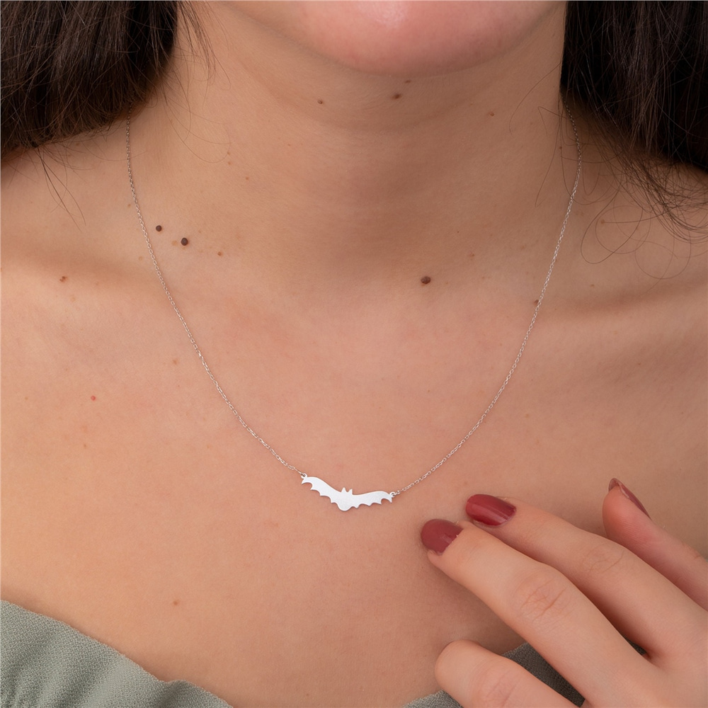 Goldstore-Custom Bat Necklace 14k 18k Solid Gold, Gothic Style Personalize Halloween Bat Necklace, Custom Name Engrave Bat Jewelry, Gift For Halloween