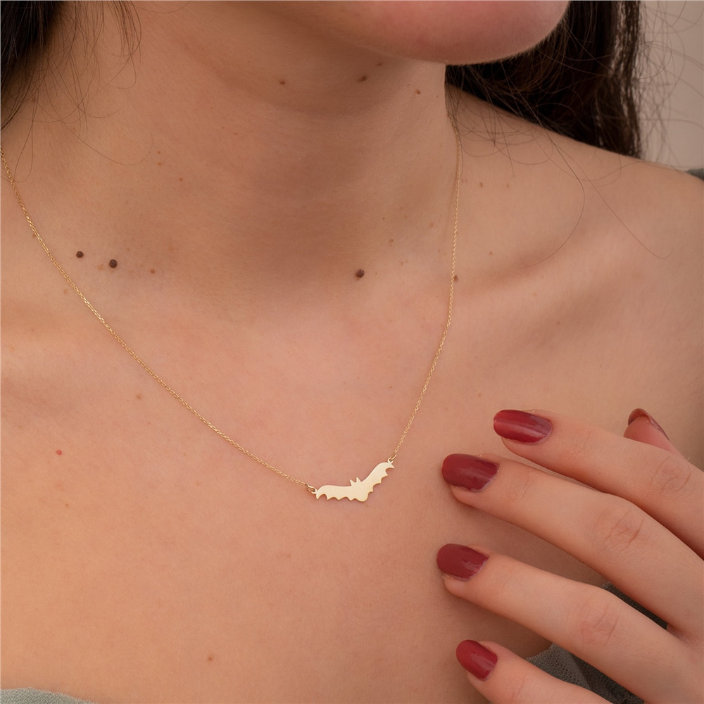 Goldstore-Custom Bat Necklace 14k 18k Solid Gold, Gothic Style Personalize Halloween Bat Necklace, Custom Name Engrave Bat Jewelry, Gift For Halloween