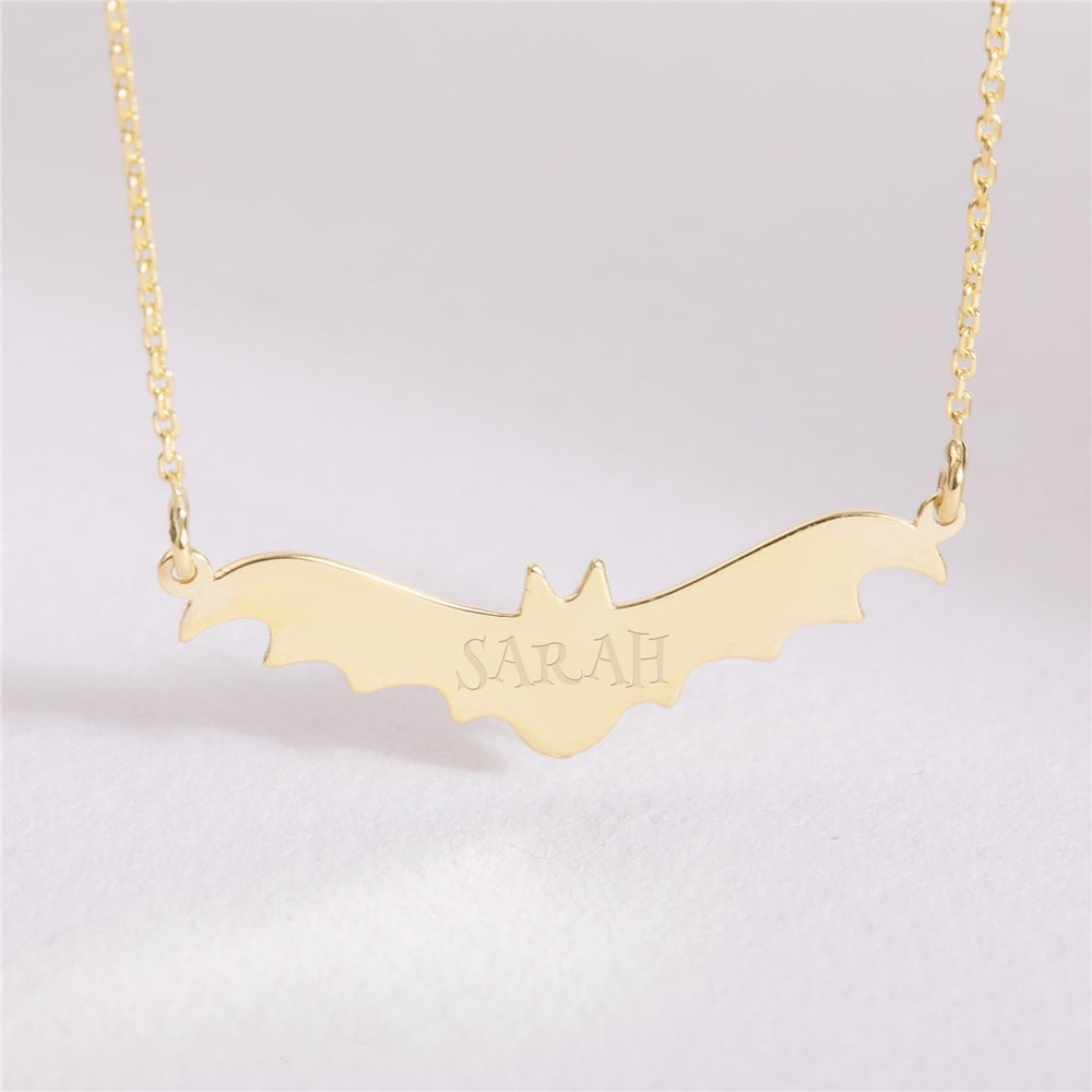 Goldstore-Custom Bat Necklace 14k 18k Solid Gold, Gothic Style Personalize Halloween Bat Necklace, Custom Name Engrave Bat Jewelry, Gift For Halloween