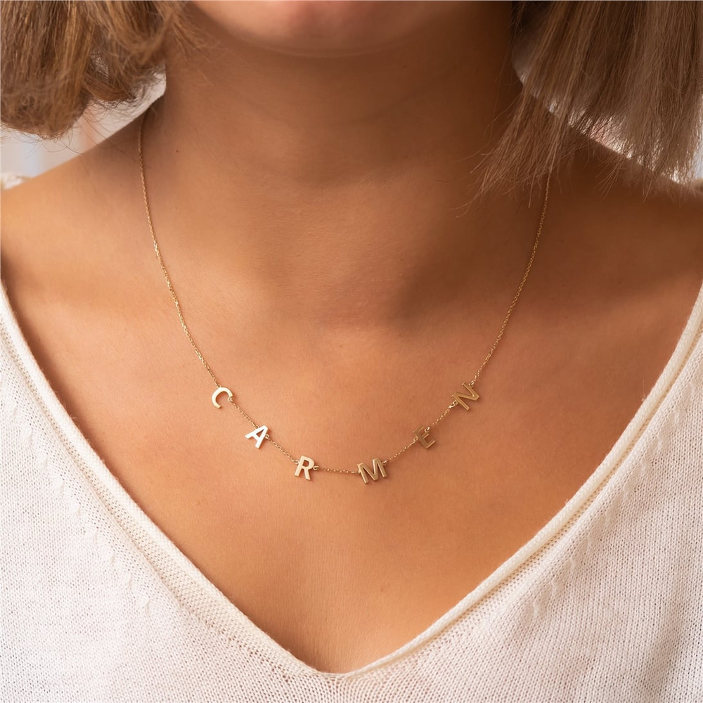 Goldstore-Custom Initial Word Solid Gold Necklace, 14k Real  Gold Initial Letter Necklace, Personalized Multiple Letters Charm Necklace Gift For Her