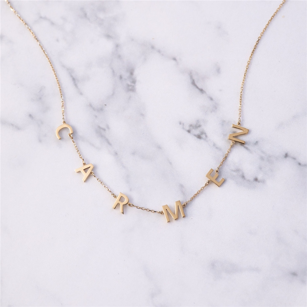 Goldstore-Custom Initial Word Solid Gold Necklace, 14k Real  Gold Initial Letter Necklace, Personalized Multiple Letters Charm Necklace Gift For Her