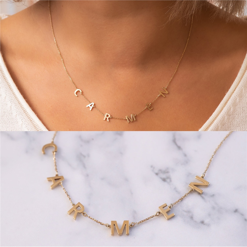Goldstore-Custom Initial Word Solid Gold Necklace, 14k Real  Gold Initial Letter Necklace, Personalized Multiple Letters Charm Necklace Gift For Her